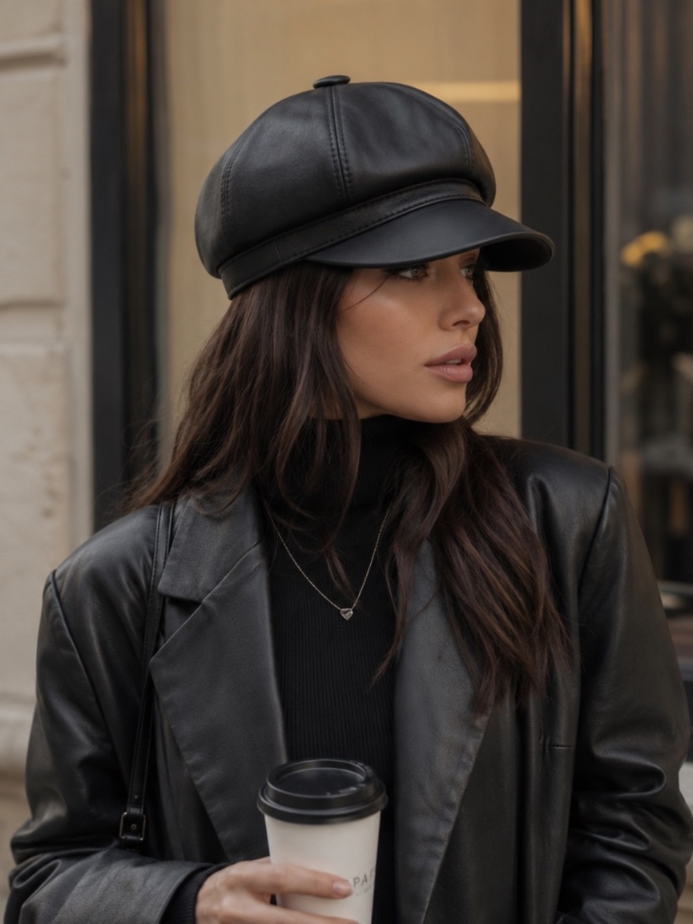 Black Genuine Lambskin Leather Newsboy Cap for Women – French-Style Beret Hat